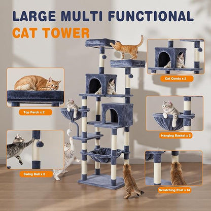 Large Cat Tree 71 Inch, Multi-Level Tall Cat Tree Tower with Condo, Perches, Sisal Scratching Posts and Hammock, Pet Play House with Dangling Balls for Indoor Cats, Dark Grey