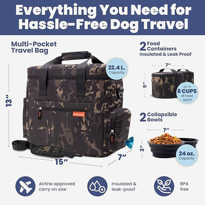 The Original Doggy Bag™ - Complete Dog Travel Bag for Supplies with 2 BPA-Free Travel Dog Bowls & 2 Pet Food Containers - Traveling Kit for Road Trips, Camping, Weekend Away or Doggy Gift: Camo