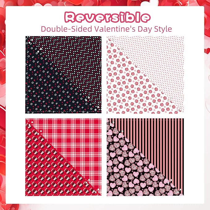 PAWCHIE Valentine's Day Dog Bandanas 4 Pack, Reversible Dog Party Triangle Scarf Bibs, Pet Holiday Costume with Adjustable Snaps, Multiple Love-Themed Patterns for Medium Dogs Puppy,Cats Pets, L