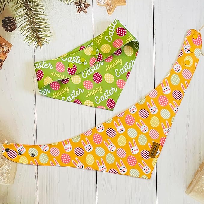 Easter Dog Bandanas with Snap Button, 2 Pack Reversible Spring Bandana for Boy & Girl, Premium Durable Fabric, Bunny and Egg Dog Scarf for Medium and Large Dogs (Large)