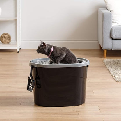 IRIS USA Top Entry Cat Litter Box, Large Enclosed with Litter Catching Lid and Scoop, Dog Proof, Cat Litter Box, Black/Gray