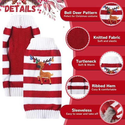 Christmas Dog Sweaters Xmas Pet Outfits Striped Elk Costume Holiday Clothes Gifts Puppy Cat Knitted Jumpers (XL,Red White Stripe Elk)