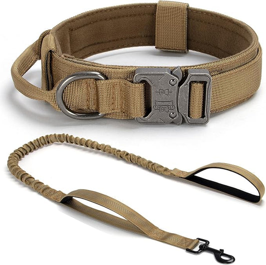 Tactical Dog Collar Set, Adjustable Military Training Nylon Dog Collar with Control Handle and Heavy Quick-Release Metal Buckle for Small Medium Large Dogs, Brown Set XL
