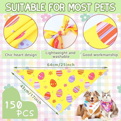 150 Pcs Easter Dog Bandanas Bulk Pet Bibs Colorful Triangle Scarf Pet Bandanas for Medium Large Dogs Easter Festival Spring Summer Birthday Costume Decor