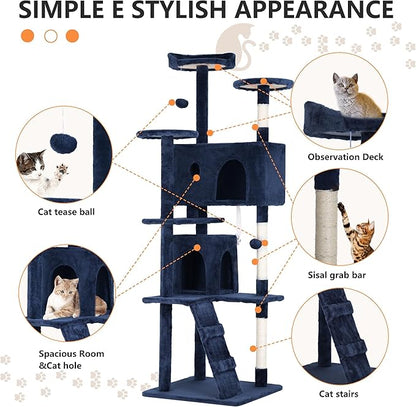70 Inch Navy Blue Cat Tree, Tall Cat Tower with 2 Condos, 3 Scratching Posts, Multi-Level Platforms - Sturdy Climbing Structure Tall Cat Tower for Indoor Cats