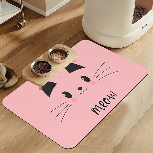 Pink Cat Meow Dog Food Mat–Christmas Stocking Absorbent Quick Dry Feeding Placemat for Food and Water Bowls, Non Slip Rubber Backing, Waterproof Pet Supplies for Mess-Free Eating 16"x24"