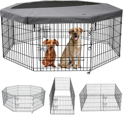 PETIME Foldable Metal Dog Exercise Pen/Pet Puppy Playpen Kennels Yard Fence Indoor/Outdoor 8 Panel 24" W x 24" H with Top Cover (with top Cover, 8 Panels 24" H)