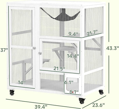 PawHut Indoor Wooden Catio, Cat House Cat Enclosure on Wheels with 3 Platforms, Hammock, Cat Flap Door & Openable Top, Luxury Kitty House for 2 Cats, 39", White