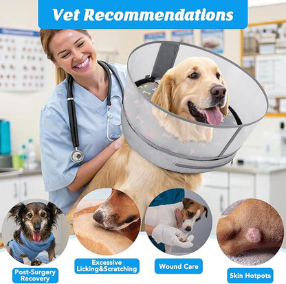Inflatable Dog Cone with Anti-Licking Clear Shield, Protective Dog Donut Collar After Surgery, Adjustable Soft Recovery Cone for Pets, Alternative Collar with Buckle Strap (Grey Paw, L)