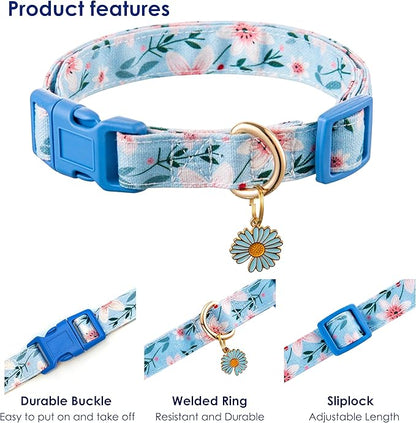 Cotton Dog Collar Blue Flower Pattern for Boys and Girls Cute Dog Collars Summer Fall Gift Adjustable for Medium to X-Large Breed Dogs (L)
