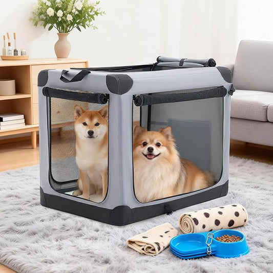 Dog Travel Crate 30 Inch, Portable Soft-Sided Travel Carriers for Dogs and Cats, Foldable Pet Kennel with 3-Doors Mesh Windows Indoor & Outdoor, Grey