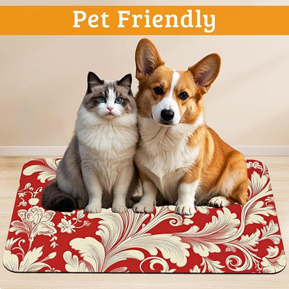 Red White Flower Feeding Mat,Paisley Absorbent Quick-Dry Cat Dog Food and Water Bowl Mats,Non-Slip Rubber Backing Mat,Cat Dog Accessories Supplies 12" x 20"
