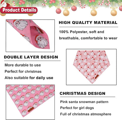 ADOGGYGO Pink Christmas Dog Bandanas 2 Pack, Reversible Santa Snowman Xmas Scarf Bib, Adjustable Fit Pink Christmas Bandana for Extra Large Dogs Girl (X-Large)