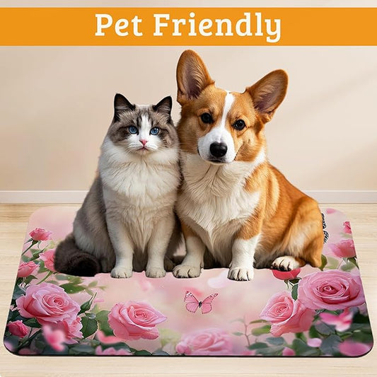 Rose Pink Dog Cat Food Mat,Butterfly Absorbent Waterproof Placemat for Food and Water Non Slip Rubber Backing Durable Feeding Pad for Clean Floors 16" x 24"