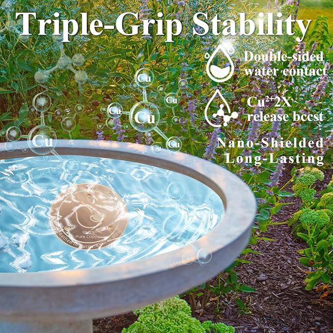 Bird Bath Copper Disk(4-Pack), 4.2" Large Surface Area, Covers 20% More Water Than Standard, Safe & Clean Birdbaths All Year Round, Fits Most Backyard Birdbaths