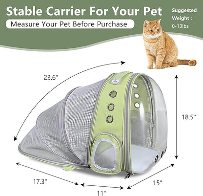 Cat Backpack Carrier Back Expandable Bubble Pet Carrier Backpack for Large Cat, Kitten and Dog, Designed for Hiking, Travelling and Outdoor Use (Back Expandable-LightGreen)