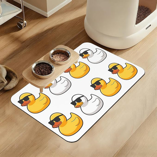 Cute Ducks Glasses Pet Feeding Mat for Floors–Christmas Stocking Absorbent Quick Dry Dog Cat Bowl Mat for Food and Water, Non Slip Waterproof Base, Mess-Free Feeding Accessories 12"x20"