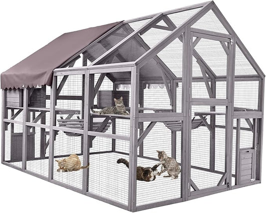 Aivituvin Extra Large Catio Outdoor Cat Enclosure Window Design for 10-20 Cats, 74"H Walk-In Patio Cat House with 4 Access Doors, Waterproof Roof, Spacious Kitty Cage for Multiple Indoor Outdoor Cats