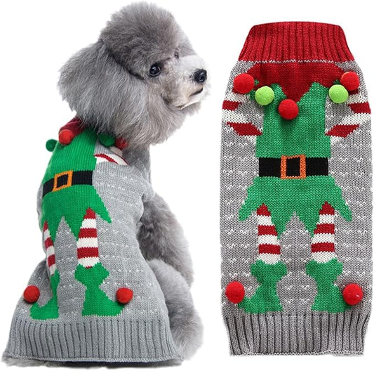 Dog Cat Ugly Christmas Sweater Boy Girl Xmas Pet Clothes Holiday Puppy Costume New Year Gifts for Small Medium Large Dogs Outfits (XXS, Grey Elf)