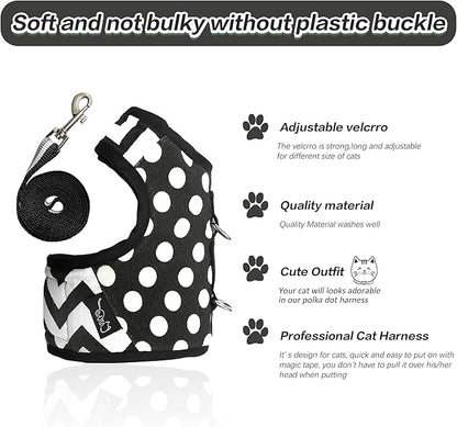 Cat Harness and Leash for Walking Escape Proof, Adjustable Cat Vest Harness, Padded Stylish Cat Walking Jackets, Polka Dot Black, XX-Large