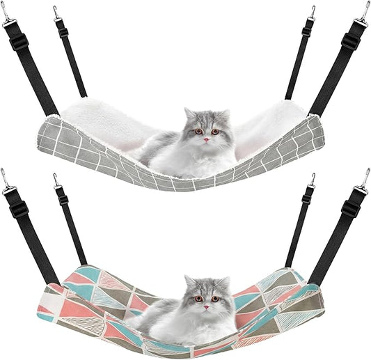 Jetec 2 Pack Cat Hammock for Cage, Catio Accessories Reversible Soft Cats Bed with Adjustable Straps and Hooks Double-Sided Linen and Fleece Hanging Hammock for Cats, Kitten(Geometry Pattern,L)