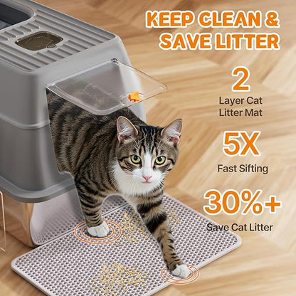 Stainless Steel Litter Box with Lid, 6” Deep Pan, Extra Large Litter Box for Big Cats, Anti-Leakage, Odor Free, Front & Top Dual Entry, Includes Litter Mat & Metal Scoop