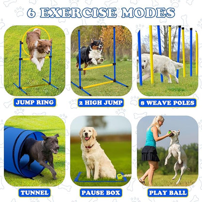 Dog Agility Course Backyard Set，Dog Agility Equipment, Dog Obstacle Course Backyard With 2-Set Agility Hurdle ，Jump Ring, 8 Weave Poles, Tunnel, Pause Box, Toy Balls And 2 Portable Carrying Bags