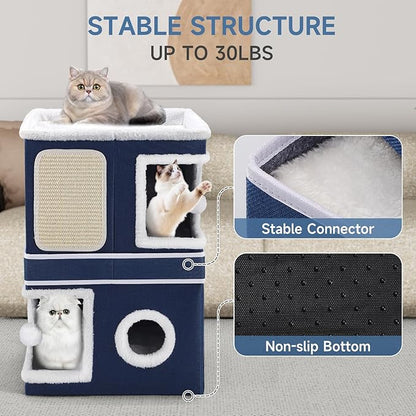 Shikha 2-Storey Cat Houses for Indoor Cats, Dual-Purpose Double Large Cat Beds Cave with Hideaway Condos, Scratch Pads, Fluffy Balls, Foldable Indoor Cat Cube House for Multi Small Pets Kitten, Blue