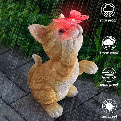 Solar Garden Statue Cat Figurine,Resin Cat Statue Playing Butterfly,Outdoor Decoration for Patio,Balcony,Yard, Lawn-Unique Housewarming Gift for Garden Mom Grandma