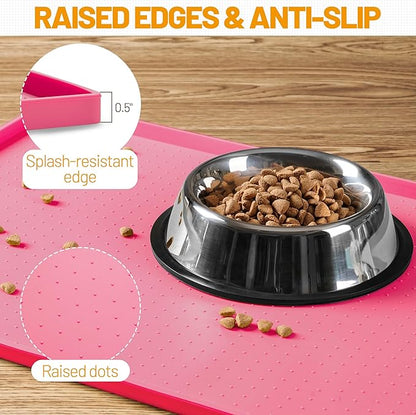 Hubulk Dog Feeding Mat,100% Waterproof Food Grade Silicone Pet Food and Water Bowl Placemat,Dishwasher, High Raised Edge to Prevent Spills,Nonslip Tray to Stop Messes on Floor (19"x12"x0.5", Pink)