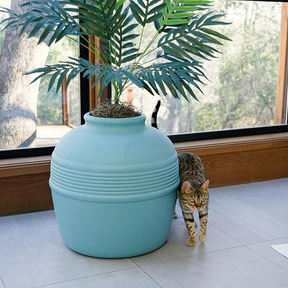 Good Pet Stuff Hidden Litter Box Planter, Decorative Cat Litter Enclosure with Carbon Filter, Artificial Plant, Easy Clean, Indoor Design, Original Round Style, Base Kit, Caribbean Blue