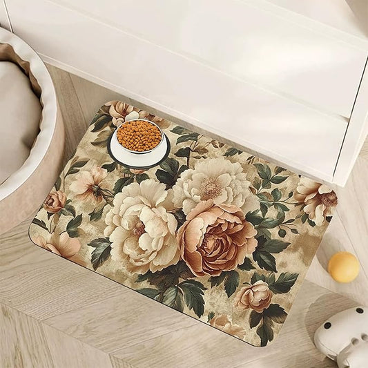 Roses Peonies Pet Feeding Mat,Vintage Luxury Shabby Chic Flower Absorbent Quick-Dry Cat Dog Food and Water Bowl Mats,Non-Slip Rubber Backing Mat,Cat Dog Accessories Supplies 12"x20"
