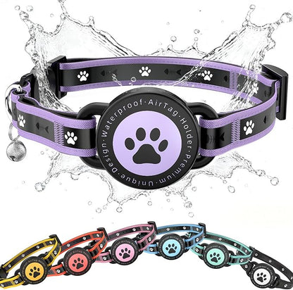 Airtag Cat Collar Breakaway, Reflective Cat Collar with AirTag Holder and Bell, Compatible with Apple Air Tag, Comfortable Padding, Adjustable, Durable (Purple, S)