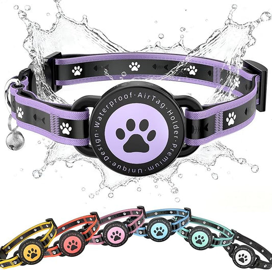 Airtag Cat Collar Breakaway, Reflective Cat Collar with AirTag Holder and Bell, Compatible with Apple Air Tag, Comfortable Padding, Adjustable, Durable (Purple, XS)
