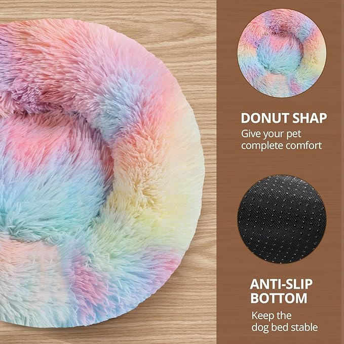 JOLLYVOGUE Calming Dog Bed Medium Size Dog, Anti-Anxiety Donut Medium Pet Bed, 31 inches Fluffy Faux Fur Round Cat Bed, Fits up to 45 lbs Pets (Rainbow)
