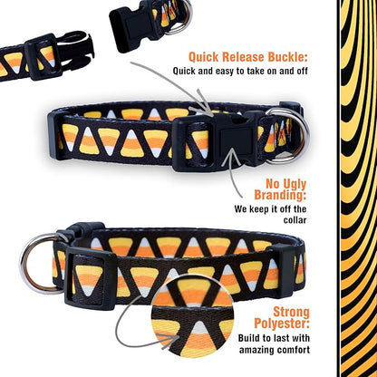 Native Pup Halloween Dog Collar- Spooky Fall Themed Horror Costume Collars- Skull, Pumpkin, Ghost, Bat, Witch, Candy Corn, Spider- Adjustable for Small, Medium, Large Breeds (Large, Candy Corn)