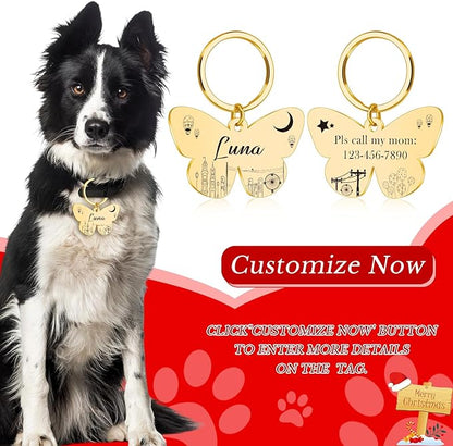 Custom Butterfly Dog Tag - Engraved Personalized Pet ID Tag for Dogs & Cats, Customizable Name, Text, 6 Colors & 3 Sizes, Durable & Cute Pet Collar Charm for Dog Lovers, Pet Mom Dad