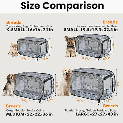 Beatrice Home Fashions Portable, Collapsible, Pop Up Kennel Travel Cat and Dog Crate, 32.5" L x 19.5" W x 19.5" H, Tail Waggers