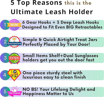 Dog Treat Holder For Wall Storage For Pets, Premium Pet Wall Organizer, Includes Three 16oz Airtight Dog Treat Jars, 3 Sets of Triple Hooks, Sturdy Shelf in Modern Black
