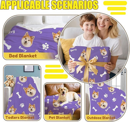 Personalized Paw Print Dog Blanket with Pet Name Face-Custom Puppy Blankets with Picture for Dogs-Customized Dog Memorial Throw Fleece Blanket-Loss of Pets Supplies Sympathy Gift for Bed Sofa Travel