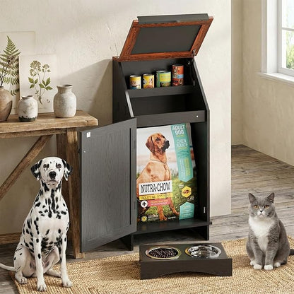 Flip-Top Dog Feeding Station, Dog Food Cabinet with Storage, Dog Food Station with Hidden Feeding Bowls, Pet Storage Cabinet, Dog Storage Organizer, Pet Food Holder, Black Oak Grain