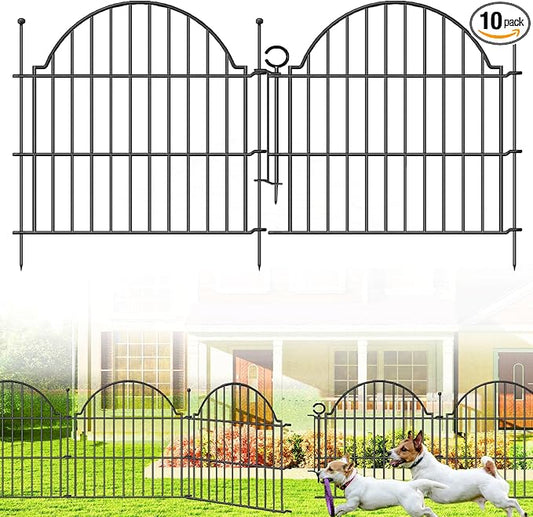 Decorative Metal Garden Fence with Gate Lock 10 Panels, 24in (H) x 20ft (L) No Dig Dog Fence Outdoor for Yard, Temporary Rustproof Metal Wire Rabbit Dog Garden Border Fencing for Patio