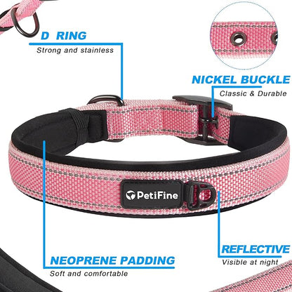 PetiFine Neoprene Padded Dog Collar, Heavy Duty Comfort Dog Collar with Durable Metal Buckle, Reflective Adjustable Belt Buckle Dog Collars for Small Medium Large Dogs(14.5''-19'', Pink)