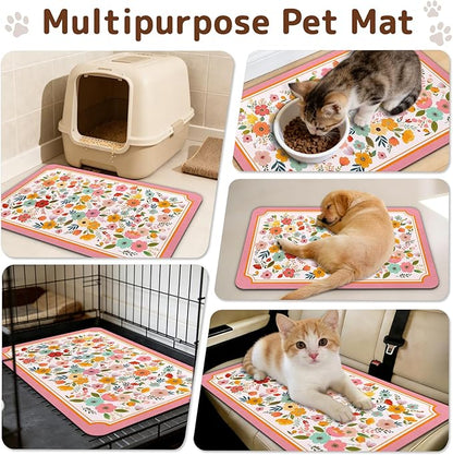Dog Food Mat for Bowls, Absorbent Quick Dry Dog Cat Mats for Food and Water, Non-Slip Backing Pet Mat Pet Supplies - Pink Floral Pattern