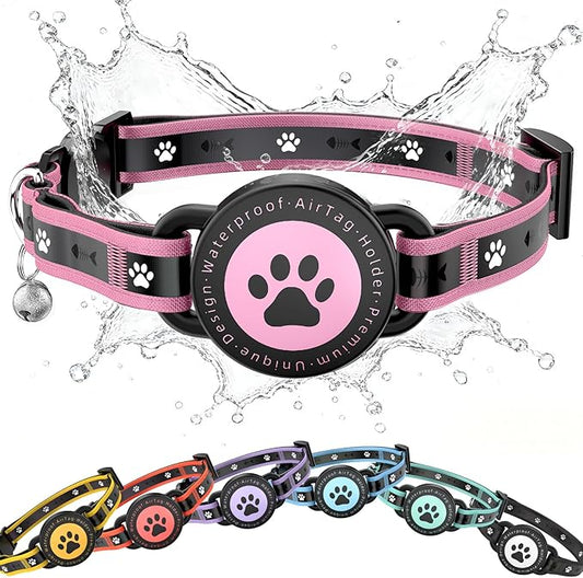 Airtag Cat Collar Breakaway, Reflective Cat Collar with AirTag Holder and Bell, Compatible with Apple Air Tag, Comfortable Padding, Adjustable, Durable (Pink, S)