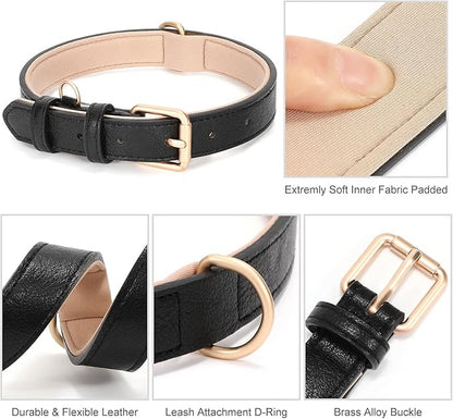 WHIPPY Leather Dog Collar for Small Medium Large Dog Adjustable Soft Breathable Leather Padded Puppy Collar with Alloy Buckle Heavy Duty Waterproof Classic Dog Pet Collar,Black,L