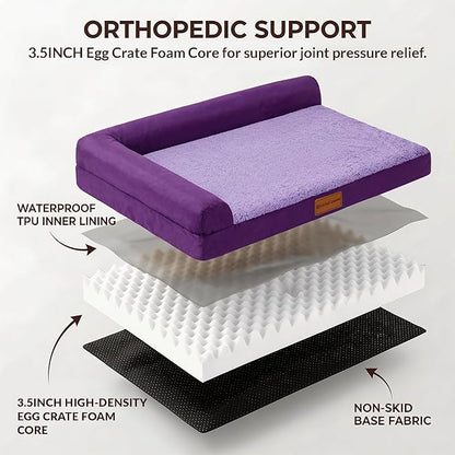 Patas Lague Orthopedic Jumbo Dog Bed for Extra Large Dogs 56''X40'', Waterproof L Bolster Pet Sofa Beds with Removable Washable Cover, Soft Comfortable Pet Couch Crate Mat with Nonskid Bottom, Purple