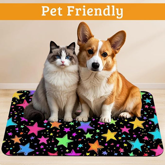 Neon Stars Dog Food Mat,Bright Colorful Absorbent Pet Feeding Mat for Food and Water Bowl,Quick Dry Dog Placemat Non Slip Rubber Backing Waterproof Pet Supplies 12" x 20"