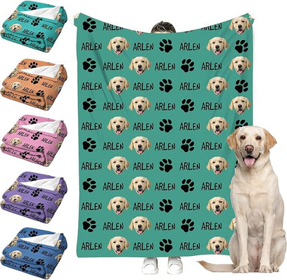 Personalized Paw Print Dog Blanket with Pet Name Face-Custom Puppy Blankets with Picture for Dogs-Customized Dog Memorial Throw Fleece Blanket-Loss of Pets Supplies Sympathy Gift for Bed Sofa Travel