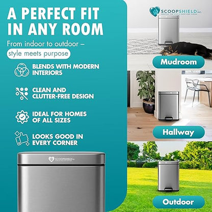 6L Outdoor and Indoor Pet Waste Container, (with one Charcoal Filter), Stainless Steel Can. Lid Opens with Push Step. 12 in x 10 in x 8 in Dimension.